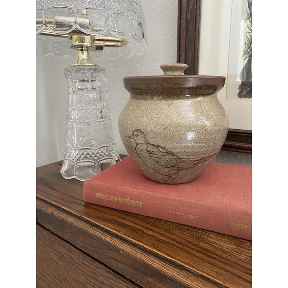 Vintage Hand Thrown Whimsical Pottery Jar Bird Jar With Lid Folk Art Pottery Jar - Picture 1 of 7